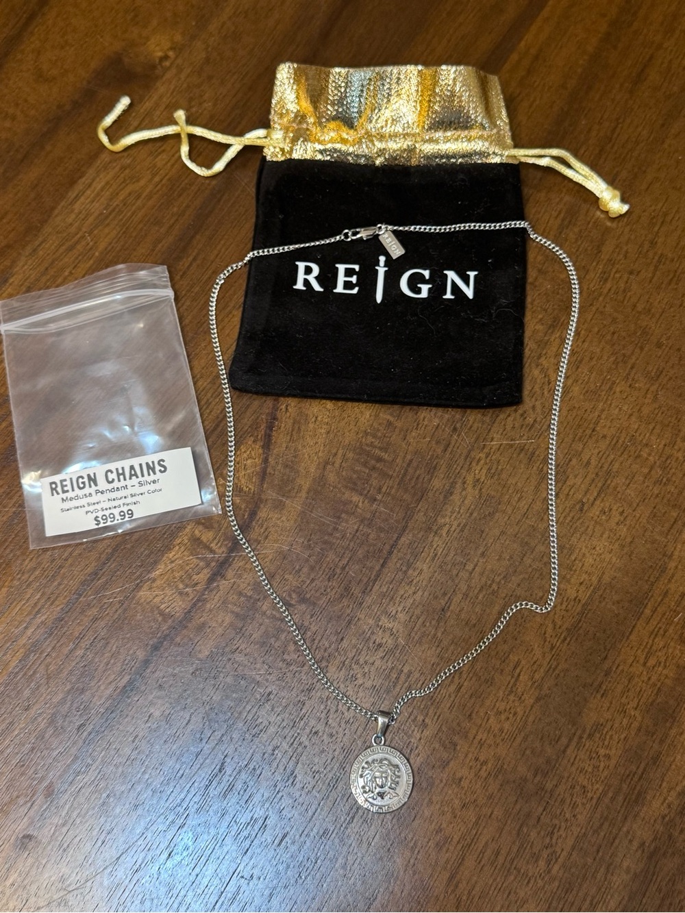 Reign Chains Medusa Pendant Necklace Silver Stainless Steel PVD Greek NWT-0225